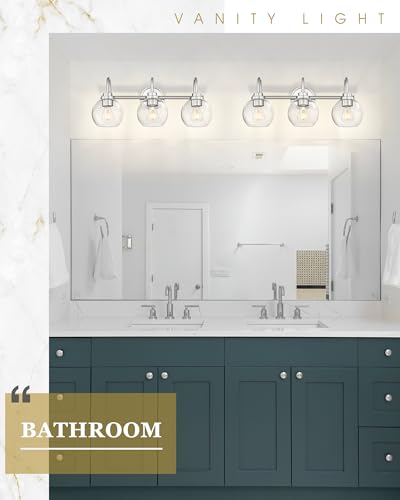 Image of Bathroom Light Fixtures, 3-Light Brushed Nickel Vanity Lights Over Mirror with Globe Clear Glass, Modern Vanity Lighting Fixtures, AD-22280-3W-SN