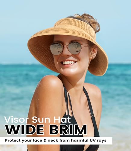 Image of Beach Sun Straw Hats for Women, UPF 50+ UV Sun Protection Wide Brim Summer Straw Hat Foldable Packable Roll up Cap
