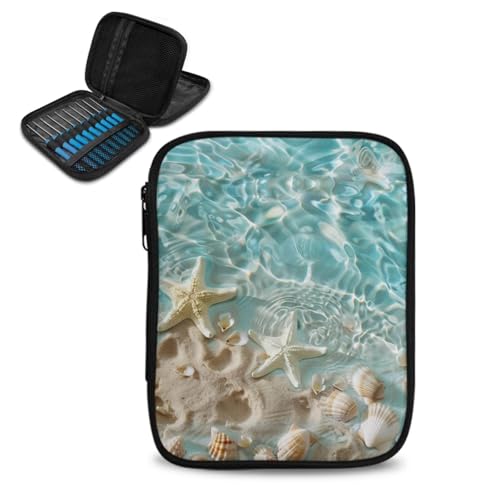 Image of Crochet Hook Case Beach Starfish Crochet Hook Holder Portable Crochet Hook Storage Bag with Web Pockets Suitable for Crochet Needles /Knitting Accessories