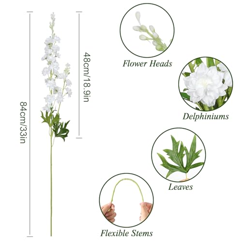 TOCHGREEN 4PCS White Delphinium Artificial Flowers 33.5'' Long Larkspur Stem Plant Lifelike Faux Floral Silk Flowers Fake Flowers with Stems for Home Garden Tall Floor Outdoor Wedd image 7