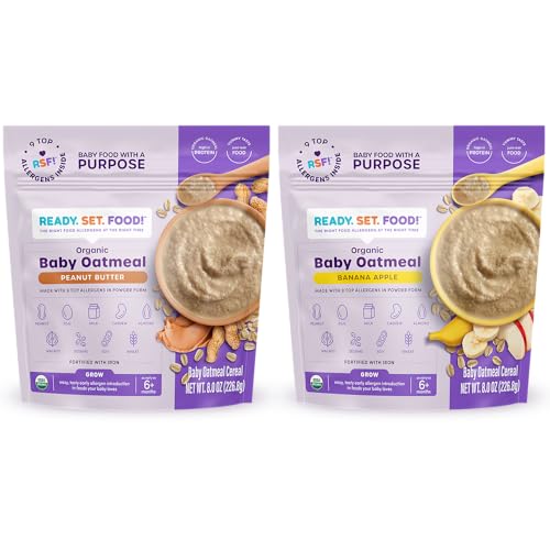 Ready, Set, Food! Organic Baby Oatmeal Cereal | Banana Apple & Peanut Butter Strawberry (2 Pack) â€“ 15 Servings Each | Baby Food with 9 Top Allergens