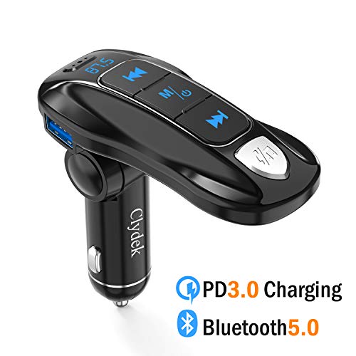 Clydek Transmisor FM, Bluetooth Adaptador de Radio de Coche con Carga PD3.0 Tipo C, Admite la Función de Apagado/Llamadas Manos Libres, Reproductor de Música Soporte de Tarjeta USB TF Drive