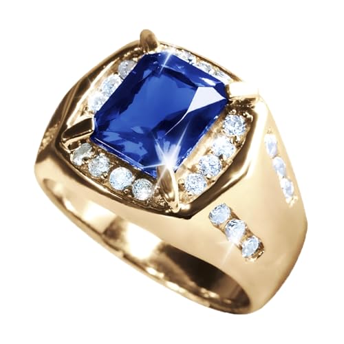 Men‘s Square Blue Sapphire Ring Yellow Gold Plated Sterling Silver Genuine Sapphire Ring with Diamond Handmade Vintage Jewelry Eternity Engagement Promise Gift for Husband