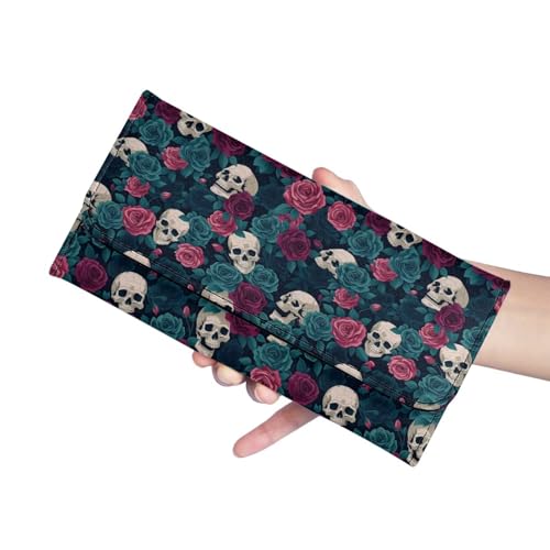 Image of AFPANQZ Women Wallet Soft Leather Designe, Skull Green Pink Rose RFID Blocking Large Capacity Shopping Outdoor Vintage Phone Holder Pockets