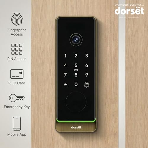 Image of Dorset DG 905 Digital Rim Lock with 5-in-1 Access - Fingerprint, PIN, RFID, Key, Mobile App | Wi-Fi Inbuilt, HD Camera, 2-Way Intercom, Smart Home Compatible | AB Finish
