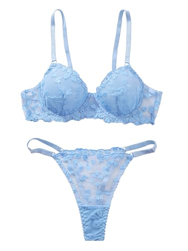 Image of Sexy Floral Embroidered Flower Mesh Underwire Push Up Lingerie Set