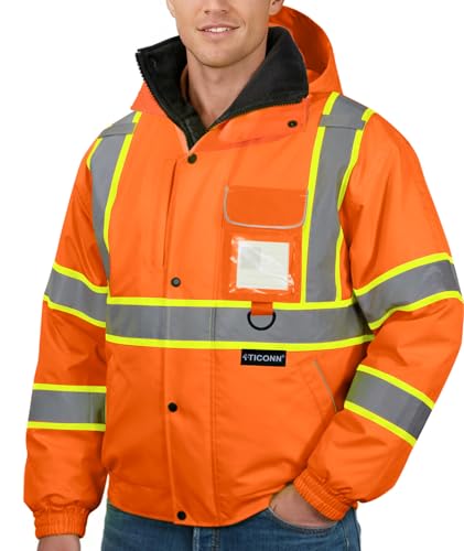 TICONN Waterproof Safety Bomber Jacket, Winter Rain Jacket Hi Vis Reflective, ANSI Class 3 Work Rain Coat (Orange, L)