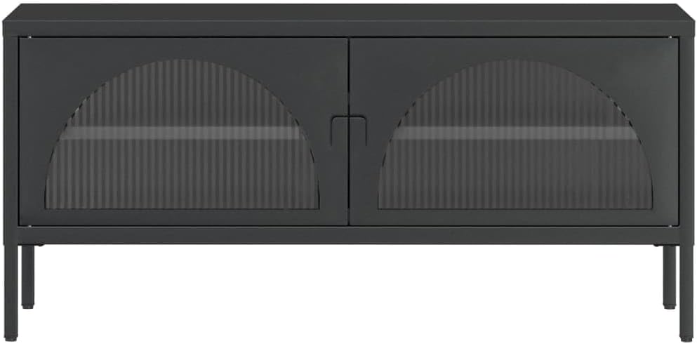 Black TV Cabinet 41.3 Inch Rectangular Media Console with Adjustable Shelves, Powder-Coated Steel Frame & Fluted Glass Doors, Modern Entertainment Center for Living Room Bedroom