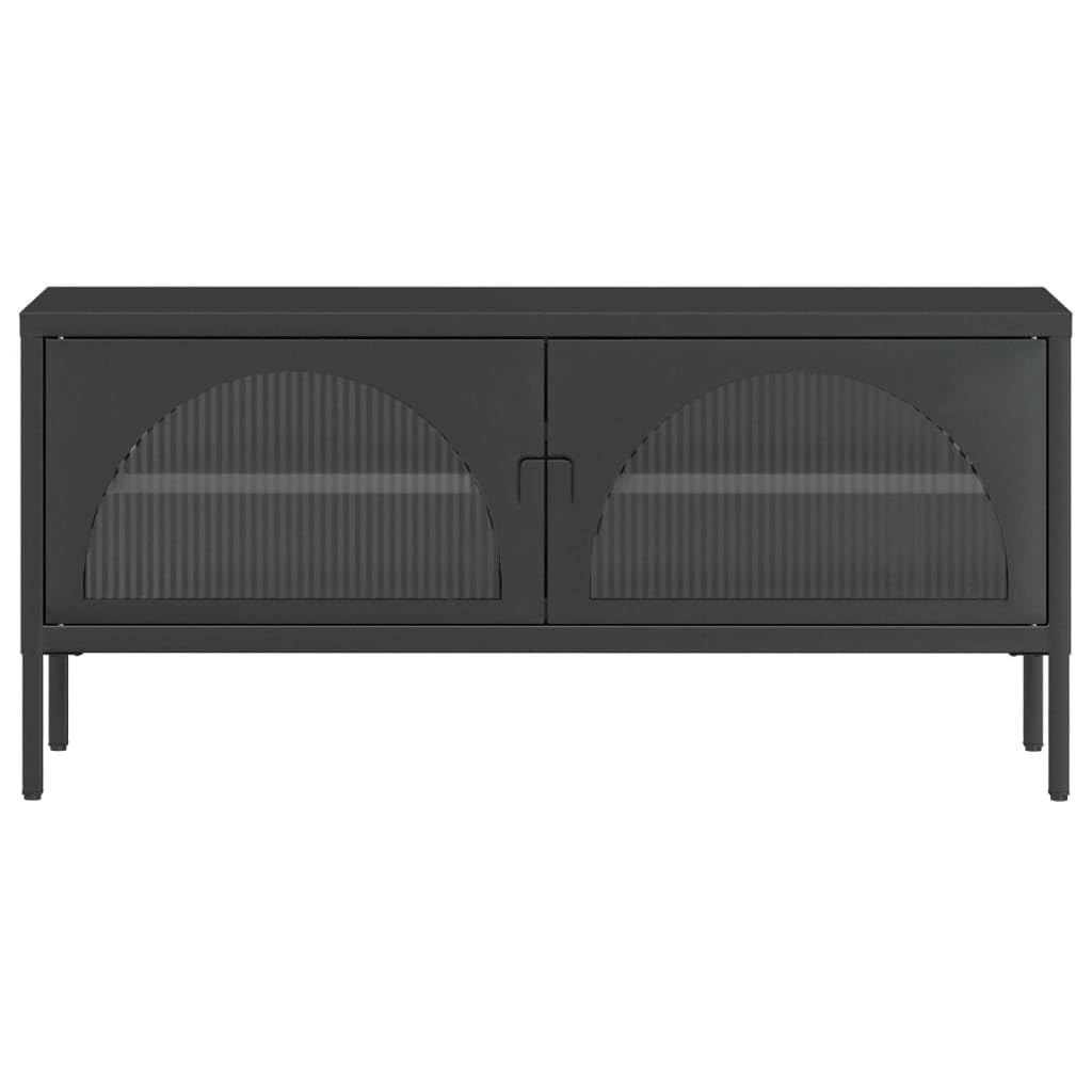 Szafka pod telewizor czarna, 105 x 35 x 50 cm, szkło ryflowane, stal malowana proszkowo, centrum rozrywki, stabilny stojak pod telewizor do salonu, sypialni