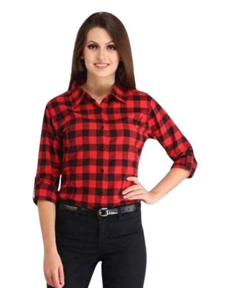 Image of Women Casual Check Shirt Cotton Long Sleeve Stylish Checked Pattern Fashion Clothing