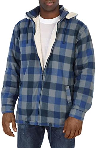 Gioberti Mens Sherpa Lined Flannel Jacket with Removable Hood, Blue / Navy Checkered, XL