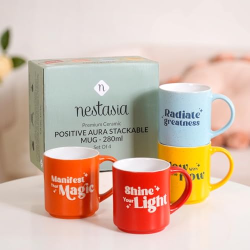 Image of Nestasia Ceramic Stackable Cups Set of 4 (280ml Each) - Embossed Motivational Quotes Tea & Coffee Cups with Glossy Finish | Microwave & Dishwasher Safe Cups - Ideal for Gifting (Colourful)