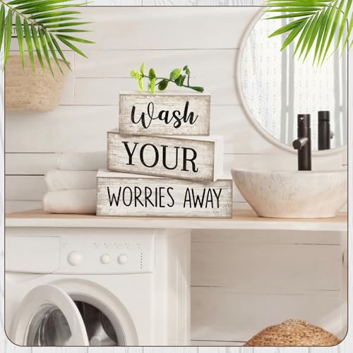 Image of Moucuny 4 Pcs Farmhouse Laundry Room Decor Stacked Blocks Wash Your Worries Away Sign Funny Bathroom Shelf Decor and Accessories Rustic Eucalyptus Leaves Block Signs for Home Bathroom Toilet Washroom