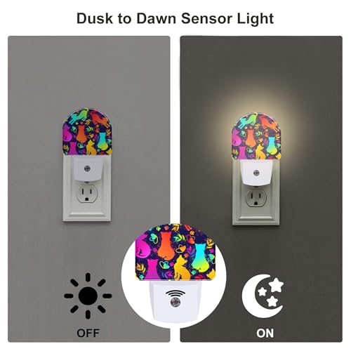 Image of Colorful Cat Silhouettes Night Light, Cute Kittens Hearts and Paw Prints Dusk to Dawn Night Light Plug in,0.5w Energy Saving Sleep Friendly NightLight for Kids Boys Girls Home Decor