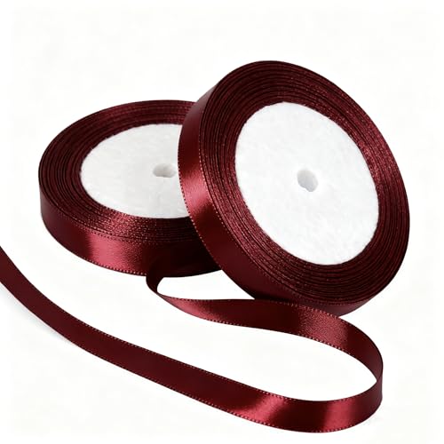 2 Rolls 10mm Burgundy Satin Ribbon for Gift Wrapping 22m Thin Fabric Craft Wine Red Ribbon for Balloons Crafting Hair Bouquets Wedding Car Presents Cake Christmas Party Decorations