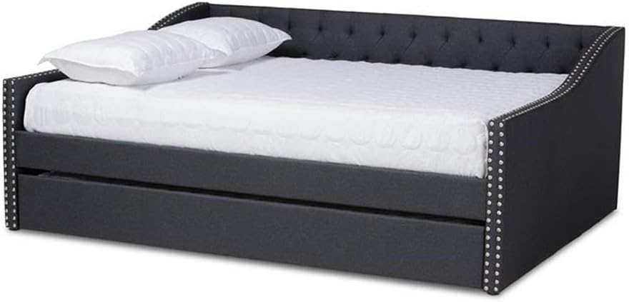 BOWERY HILL Modern Fabric Upholstered Queen Size Daybed with Trundle, Dark Gray Finish, MDF and Engineered Wood Frame, Button Tufted, Foam Padding, Silver Nail Head Trim, Guest Bed for Bedroom or