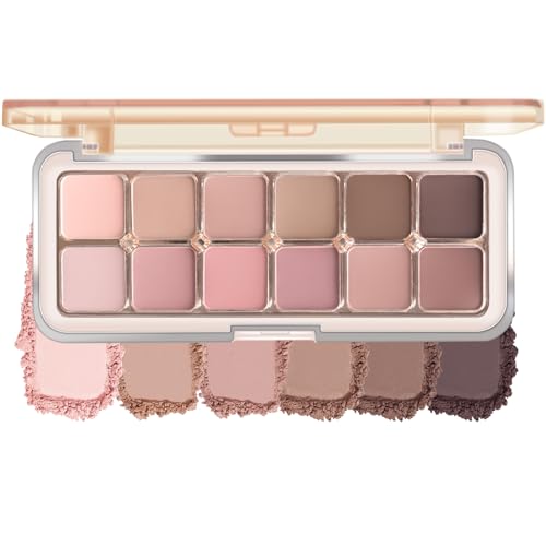 KYDA 12 Colors Grey Pink Eyeshadow Palette with Brush, High Pigment Matte Shimmer Pink Brown Eye Shadow, Netural Brown Eyes Palette for Women, Soft Blendable Powder Eyeshadow, Korean Eyes Makeup