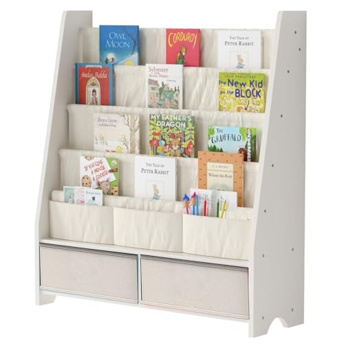 HEYOUTH Scaffale Libri Montessori in Legno Massello con 2 Contenitori e 4 Ripiani Aperti - Mobile Bambini, Libreria con...