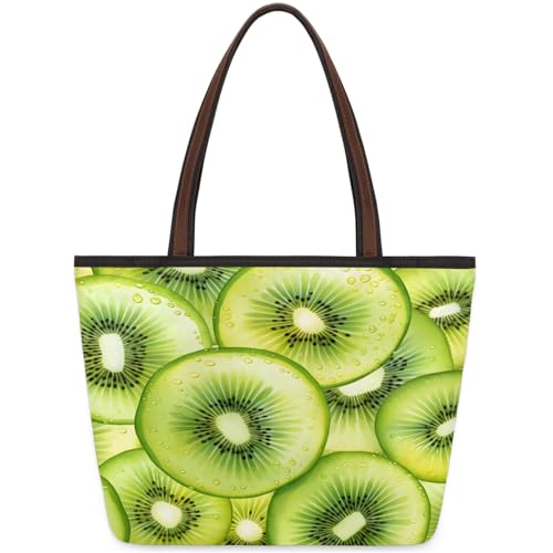 Fresh Kiwi Slices Tote Bag Multi Pocket Zippered Beach Bag Lightweight Waterproof Handbag for Women Men Work Gym Travel Swimming Yoga Grocery Shopping M
