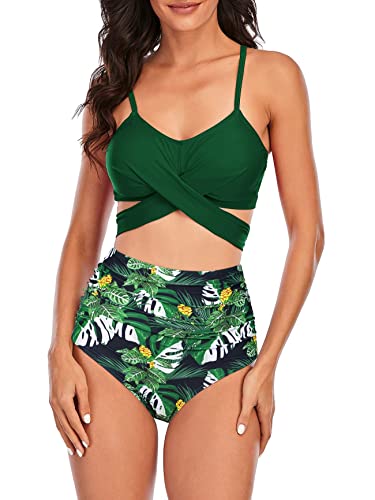 Image of American Trends Women's Two Piece Swimsuits Athletic High Waisted Bathing Suits Halter Sporty Swimming Swimwear for Women Green Print L