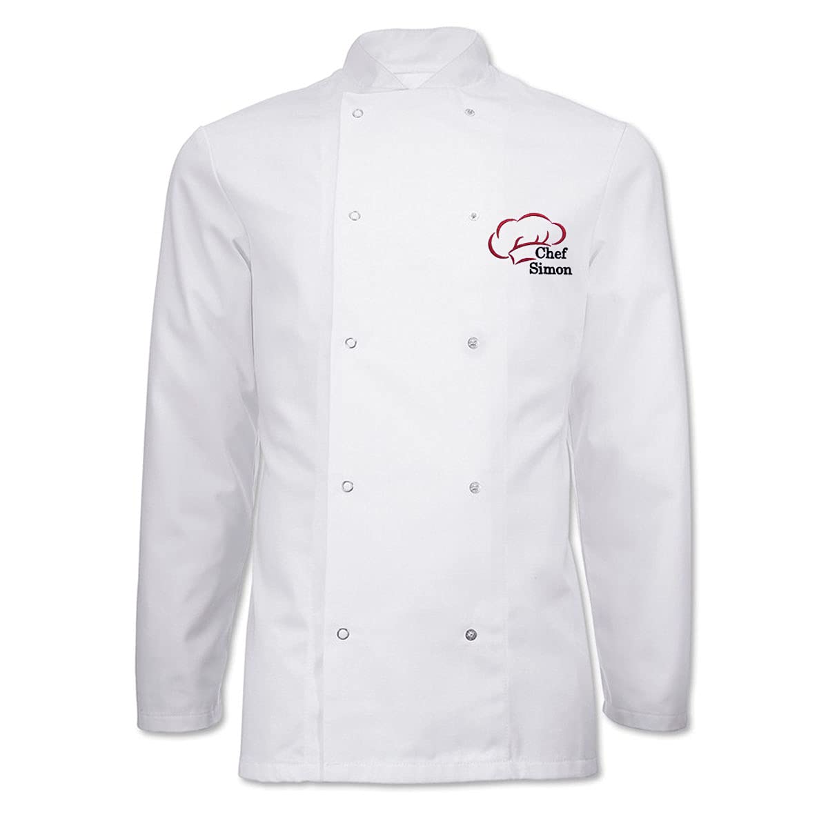 Personalised Custom Embroidered Unisex Long Sleeve Stud Fastening Chef Jacket with Chef Hat Design Logo & Your Name (M, White)