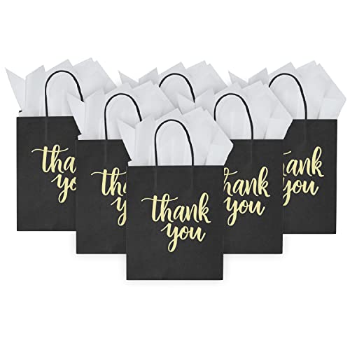 DjinnGlory 100 Pack Small Sized White Thank You Paper Kraft Gift Bags with Handles 9x5.5x3.15 Inch for Business Graduation Birthday Wedding Bridal Baby Shower Party Favors Goodies