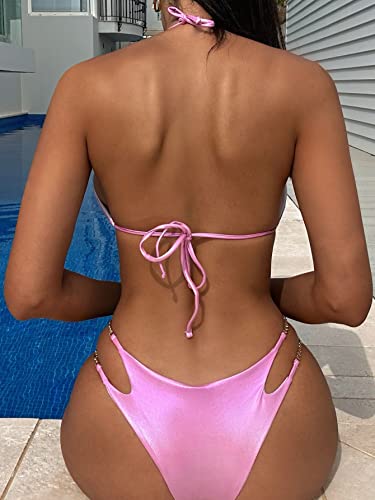 Women's 2 Piece Metallic Cut Out Bathing Suit Halter Triangle Bikini Swimsuit4