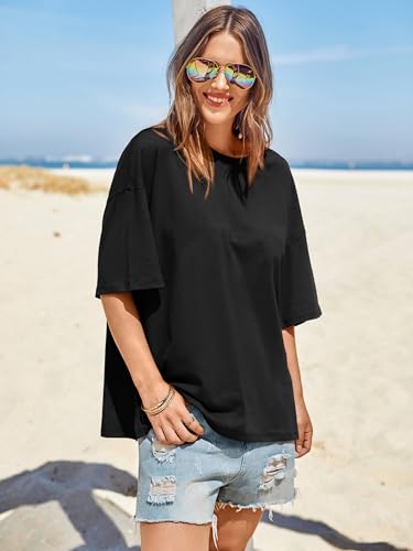 Tankaneo Womens Oversized Tshirts Summer Casual Short Sleeve Crew Neck T Shirt Loose Fit Side Slit Tee Tops4