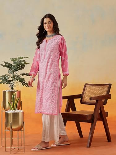 Image of Ada Lucknow Chikankari Hand Embroidered Faux Georgette Kurta Kurti Tunic Dress for Women A95504