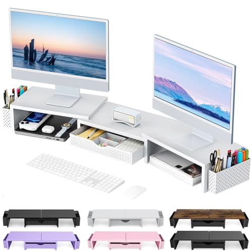 Pygocereri Doppel Monitorständer, Metall Monitor Erhöhung mit Schublade und 2 Stifthaltern, einstellbare Länge und Neigung – Dual Monitor Stand Riser für Laptop, PC, Computer, Drucker (Weiß)