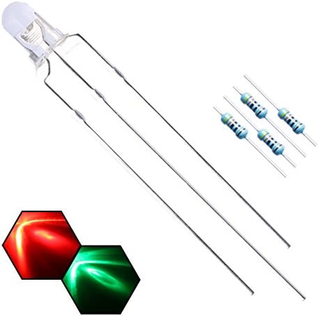 EDGELEC 100pcs 3mm Red & Green Lights Bi-Color LED Diodes Common Cathode Clear Round Lens +200pcs Resistors (for DC 6-12V) Included, Bright Bulb Lamps Light Emitting Diode