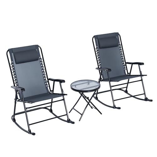 Outsunny 3 Piece Outdoor Rocking Bistro Set, Patio Folding Chair Table Set with Glass Coffee Table for Yard, Patio, Deck, Backyard, Grey