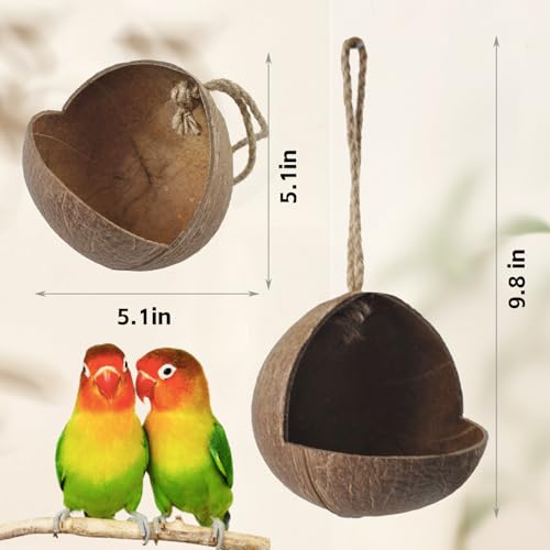 Image of Natural Coconut Bird Nest,Hanging Coco Birds House Habitats Decor,Parrots Coconut Shell Nest Hideout with Grinding Beak Toys,Bird Cage Accessories Coconut for Canary Lovebird Cockatiel