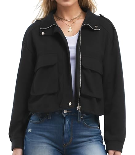 MISS MOLY Womens Cropped Jacket Zip Up Casual Long Sleeve Bomber Coat with Pockets Trendy 2025