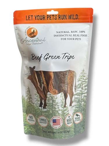 Ancestral Raw Green Beef Tripe Sticks for Dogs - 4 Ounce - Dried Tripe Dog Treats from Free-Range, Cows No Added Antibiotics or Hormones - Ethically Sourced - Dehydrated Beef Green Tripe for Dogs