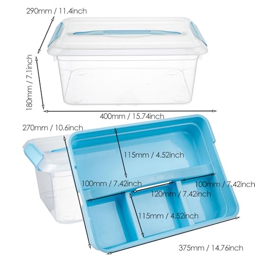 Image of 20 QT Plastic Storage Box with Removable Tray, Portable Craft Organizers and Storage Bins with Lid, Clear Art Storage Container for Organizing Sewing, Crayon, Tool, Playdoh (Blue)