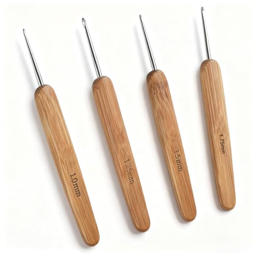 VYNZOR Set de 4 Ganchillos para Extensiones de Cabello y Tejer con Hilo, Agujas de Crochet 1mm 1.25mm 1.5mm 1.75mm con Mango de Madera, para Peluquería y Manualidades, Regalo para Artesanos