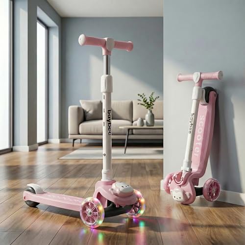 Image of Baybee Rovix Kick Scooter for Kids | Foldable Skate Scooter with 3 Height Adjustment Handle & LED Light Wheels | 3 Wheel Baby Scooter with Rear Brake | Kids Scooter for 2 to 10 Years Boy Girl (Pink)
