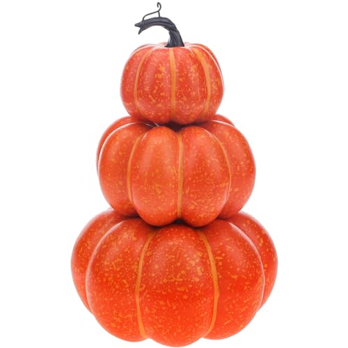 Gresorth 11.4 Inch Artificial Orange Pumpkin Tower Decoration Fake Fall Harvest Vegetable Display Realistic Stacked Foam Ornament Home Table Shelf