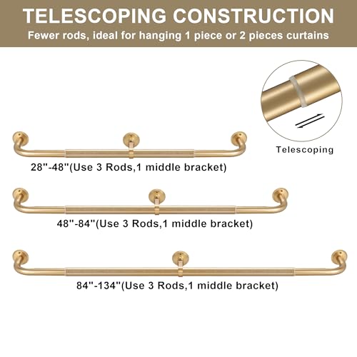 Wrap Around Curtain Rods 2 Pack for 84 to 134 Inches Windows, 1” Heavy Duty Room Darkening Drapery Rod with Sturdy Aluminum Base, Wall Mounted Ceiling Mounted Curved Curtains Rod, Brushed Gold by Fumlyate - Image 5