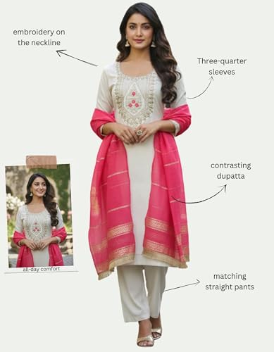 Image of GRECIILOOKS Kurta Sets for Woman | Kurti Set | Women's 3 Piece Dupatta Set | Silk Cotton Kurta Sets for Woman | Elegant Suit Set for Women Cotton | Women Kurta with Dupatta Cotton