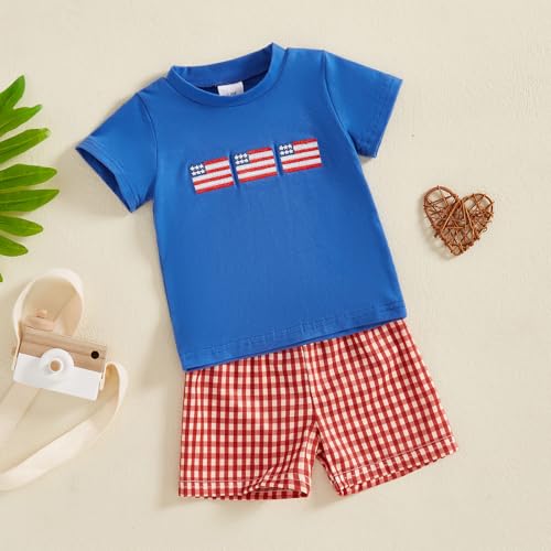 Image of 4th Of July Toddler Boy Outfit Popsicle American Flag T-Shirt and Gingham Plaid Shorts Set Independence Day Clothes