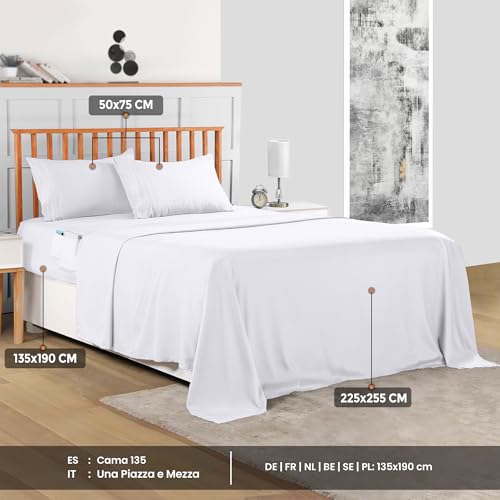 Utopia Bedding Set Lenzuola Una Piazza E Mezza 4 Pezzi 135X190 Cm - Microfibra Di Poliestere - Lenzuolo Con Angoli Con Tasche Portaoggetti, Lenzuolo Piatto E 2 Federe Ricamate, Bianco - 2
