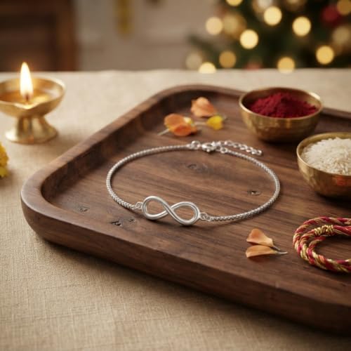 Image of Parnika 925 Pure 92.5 Sterling Silver Infinity Rakhi Bracelet for Brother | Hallmarked Silver Raksha Bandhan Rakhi | Premium Adjustable Rakhi Gift