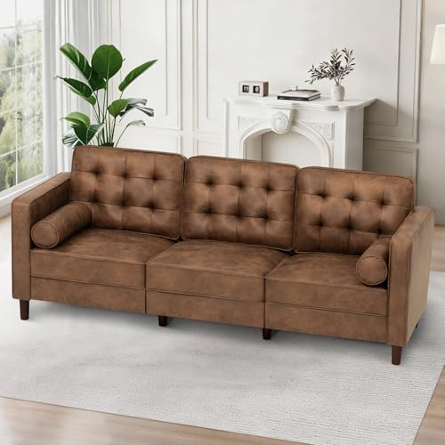 Image of 84 inch Suede Leather Modern Sofa with Bolster Pillows, Upholstered 3 Seats Sofa with Well-Filled Backrest, Comfy Tufted Couch with Sturdy Legs for Living Room, Office, Bedroom, Brown