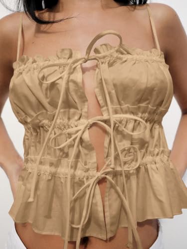 Image of Tankaneo Womens Summer Tie Front Crop Tops Cute Ruffle Ruched Spaghetti Strap Tank Tops Y2K Going Out Shirts