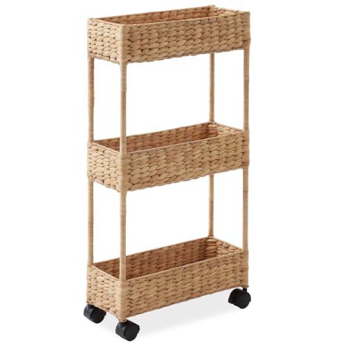 Casafield 3-Tier Slim Rolling Storage Cart - Natural, Water Hyacinth Utility Cart for Bathroom, Craft Room, Nursery, Laundry Room Organization