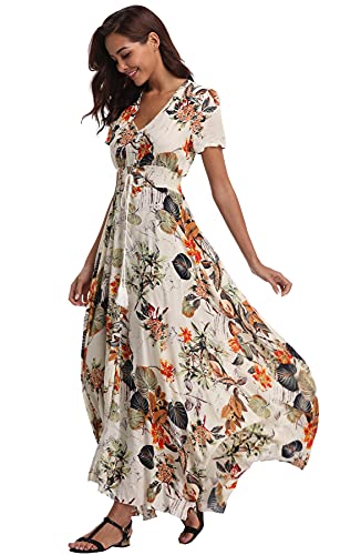 Image of VintageClothing Women's Floral Maxi Dresses Boho Button Up Split Summer Casual Long Dress Beach Party Dress