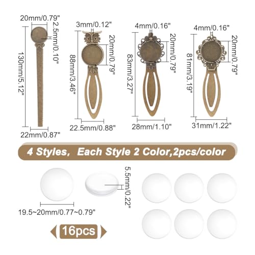 HOBBIESAY 16 pcs 4 Styles Bookmark Tray Pendant Kit Antique Bronze Silver Bookmarks Round Clear Glass Cabochons Book Page Marks Bookmark for Book Lovers DIY Bookmark Making,Tray:20mm - Image 2