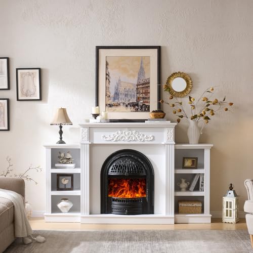 Image of 78 inch Electric Fireplace with Mantel, Electric Fireplace Heater Entertainment Center with Storage, TV Stand for TVs Up to 90 Inch, Stacked Stone Surround 30'' Fireplace Insert Heater Living Room-White
